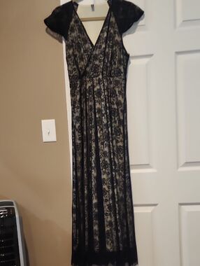 Black Lace Maxi Dress with Sheer Cap Sleeves